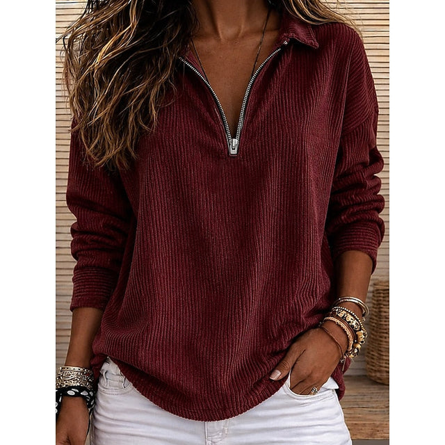 Genevra | Ribbad Quarter-Zip Pullover Top