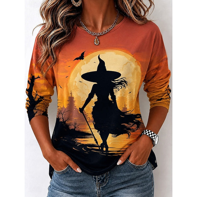 Höst | Halloween Häxa Grafisk Topp med Långa Ärmar