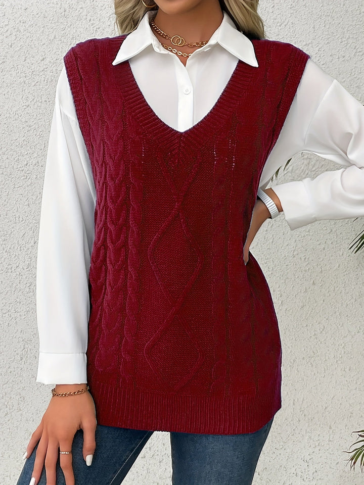 Cora | Mysig Kabelstickad V-Hals Västsweater