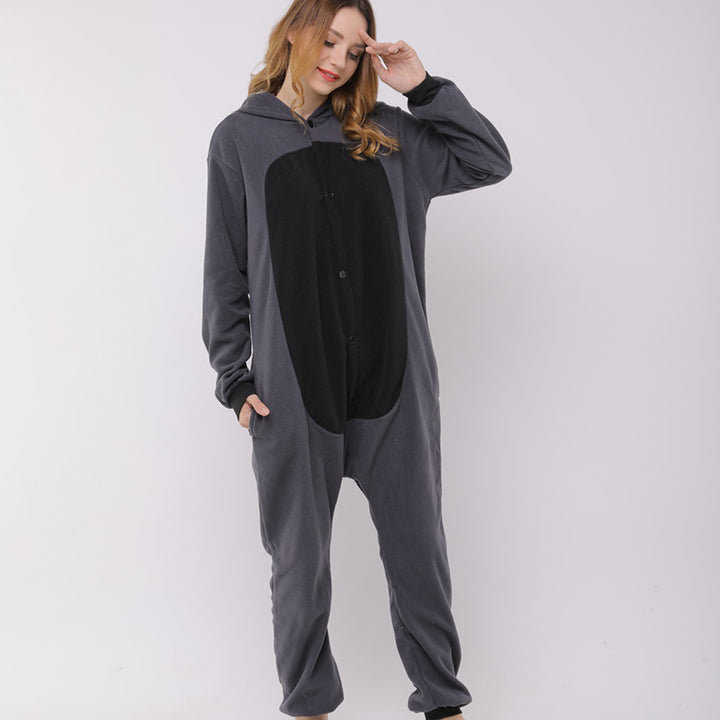 Tvättbjörn-onesie i fleece – mysig djurpyjamas för vuxna