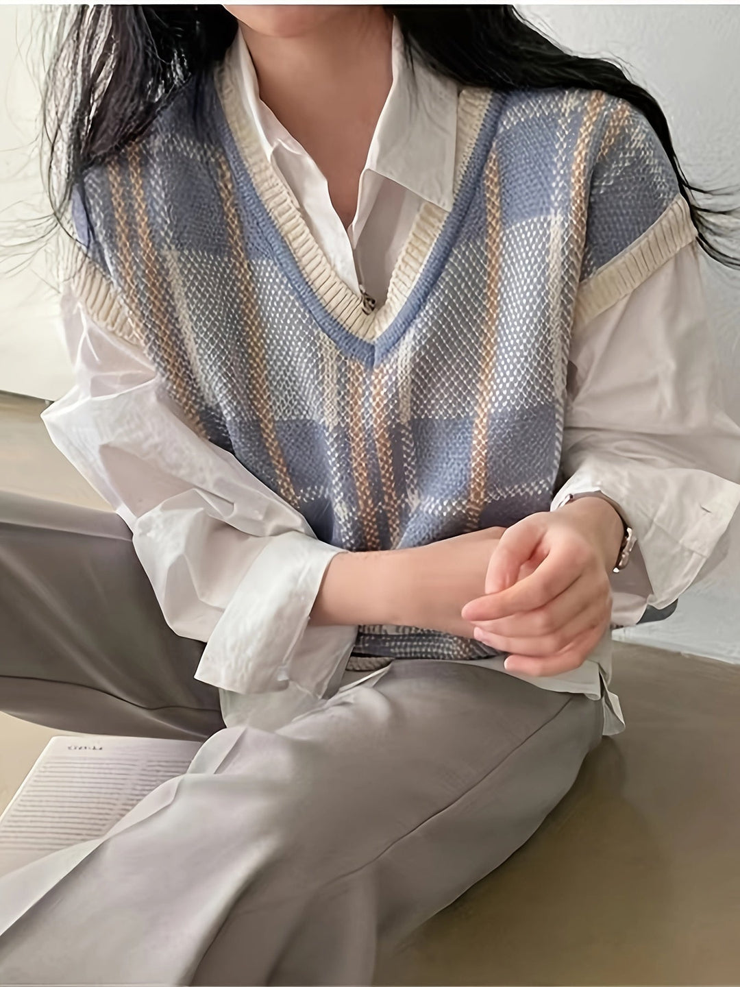 Marnie | Vintage Rutig V-ringad Tröja Väster