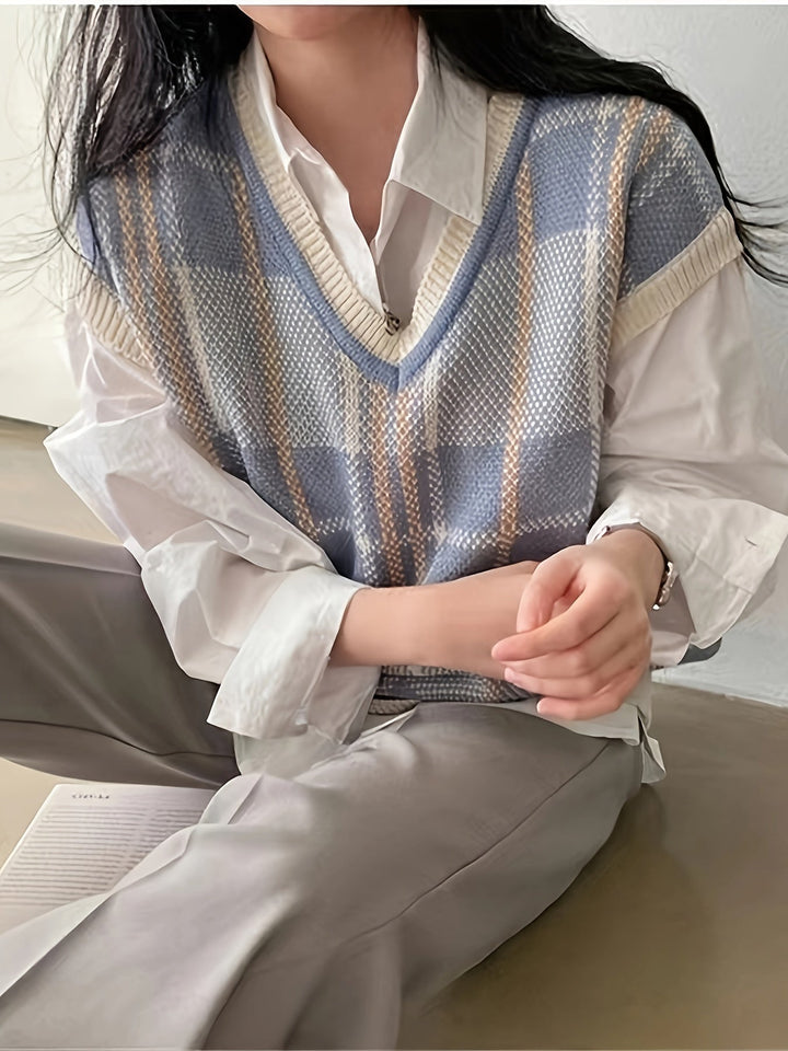 Marnie | Vintage Rutig V-ringad Tröja Väster