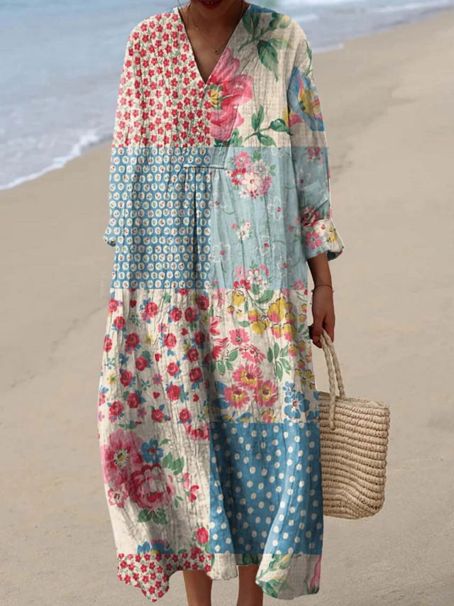 Clarisse | Vintage Blommig Patchwork Mönster Klänning