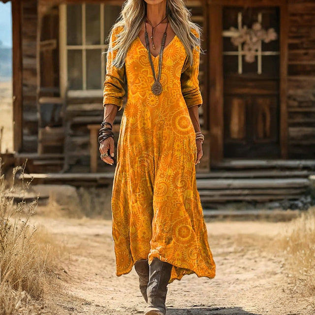 Dolores | Vintage Gul Långärmad Klänning