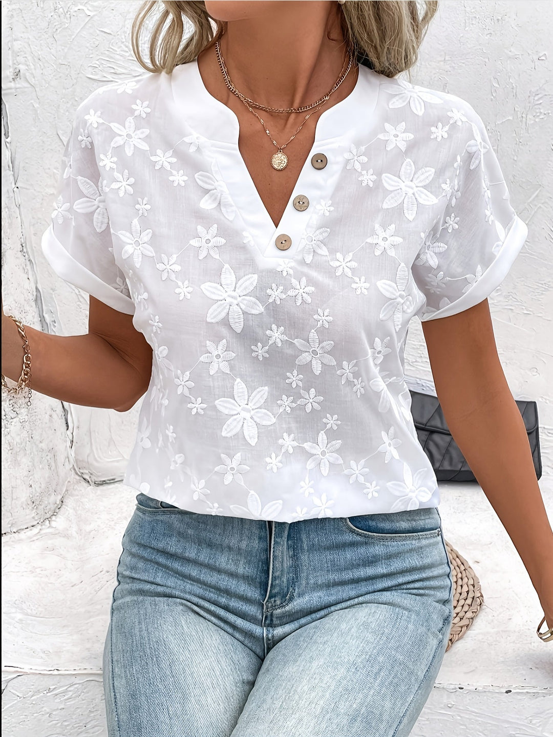 Whitney | Blommönstrad Broderad V-ringad Blus