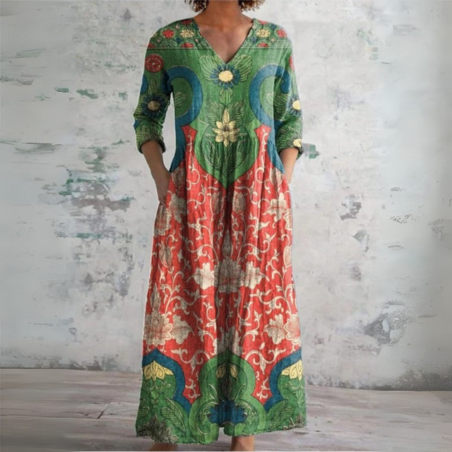 Judith | Vintage Blommig Mid Ärms Maxi Klänning