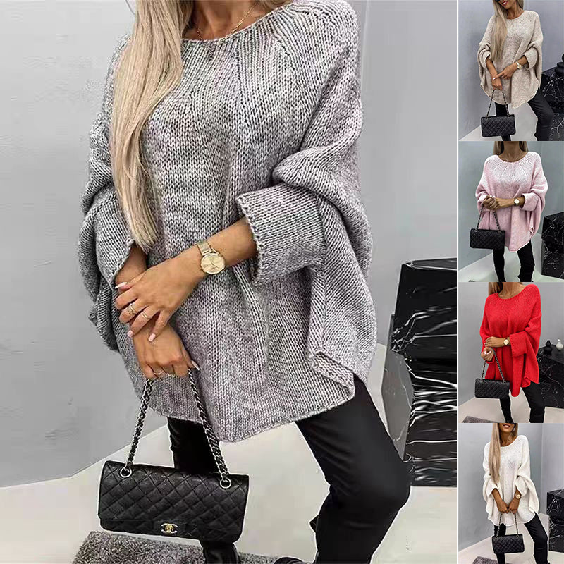Oversize stickad tröja med fladdermusärm och sjalkrage