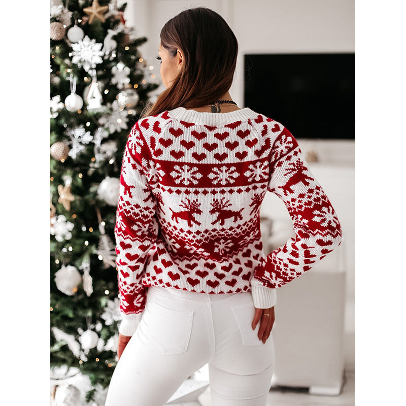 Stickad jultröja dam med älg och snöflingor – mjuk jacquard