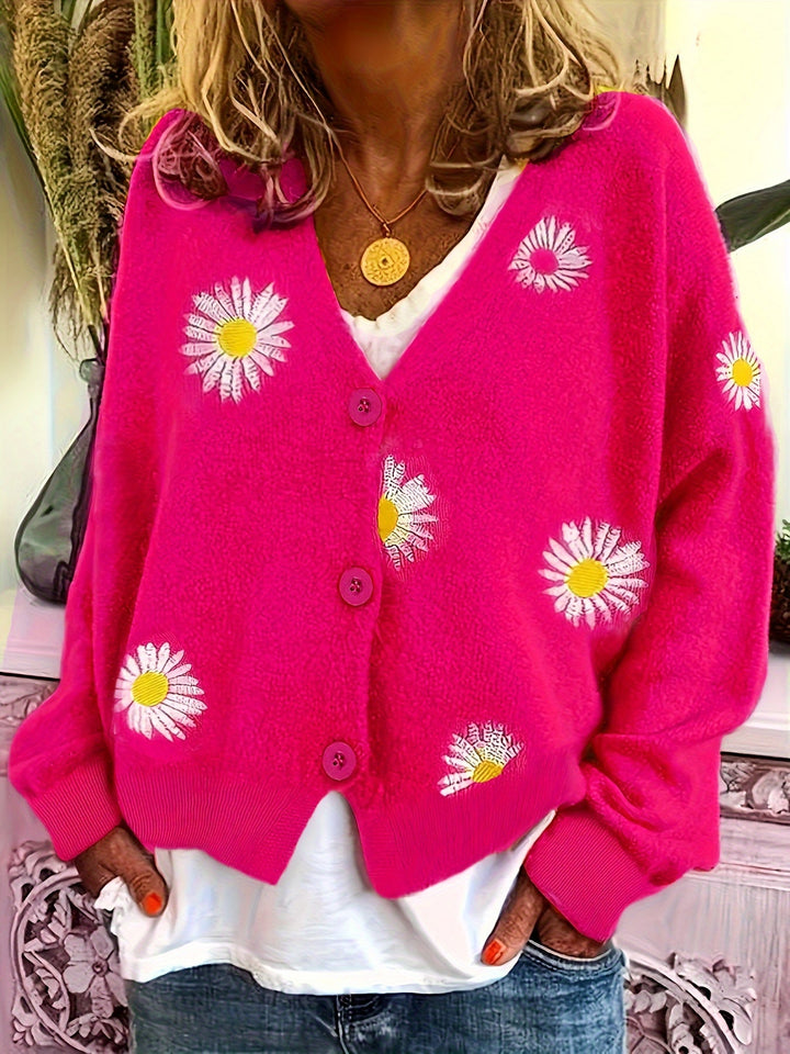 Maribel | Blommig Broderad Knapp-Front Cardigan