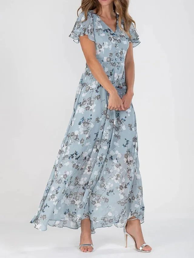 Lilia | Elegant Blommig Klänning med Kort Ärmar