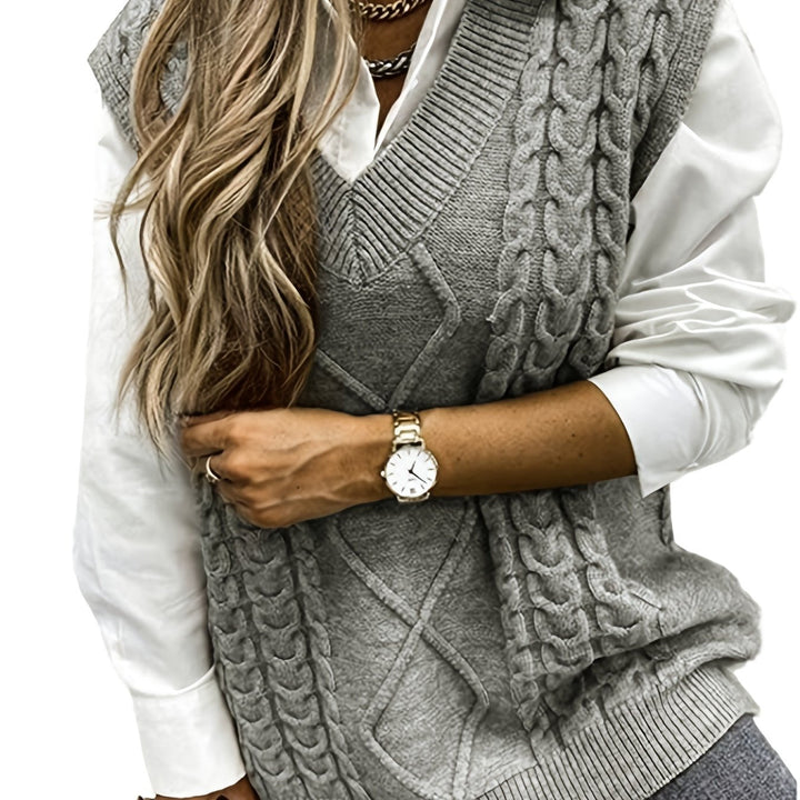 Cora | Mysig Kabelstickad V-Hals Västsweater