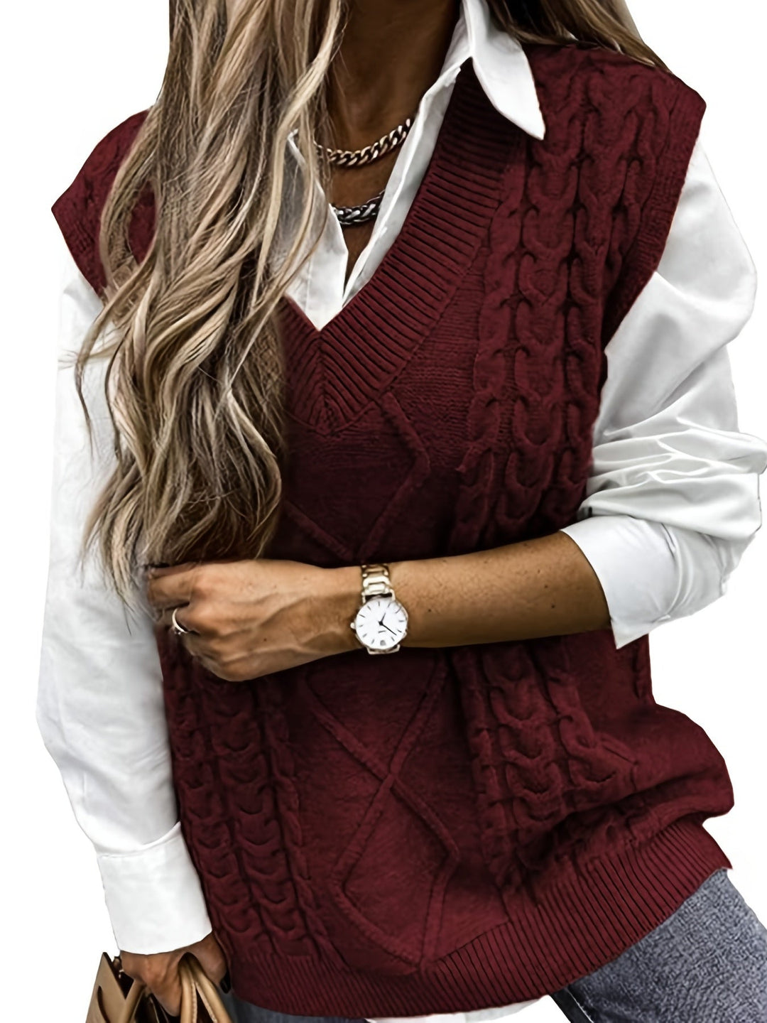 Cora | Mysig Kabelstickad V-Hals Västsweater