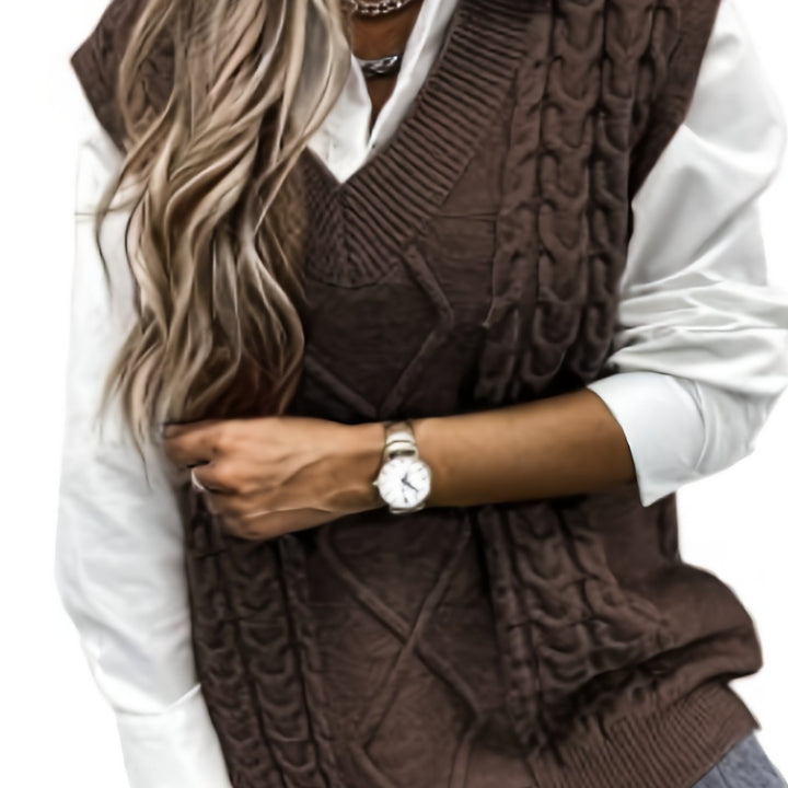 Cora | Mysig Kabelstickad V-Hals Västsweater