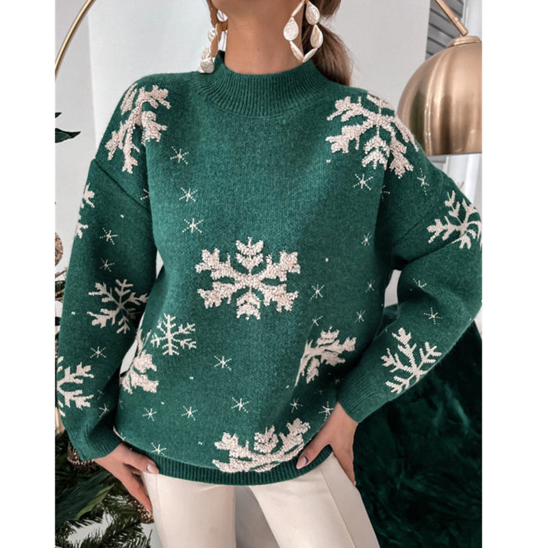 Fluffig stickad jultröja med snöflingor – lös passform, dam