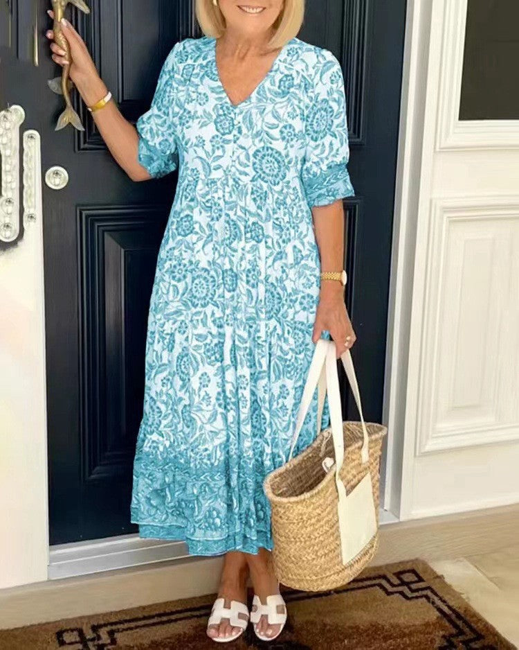 Keisha | Graciös V-ringad Blommig Klänning