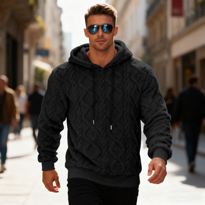 Plyschhoodie herr med fleecefoder, enfärgad och varm