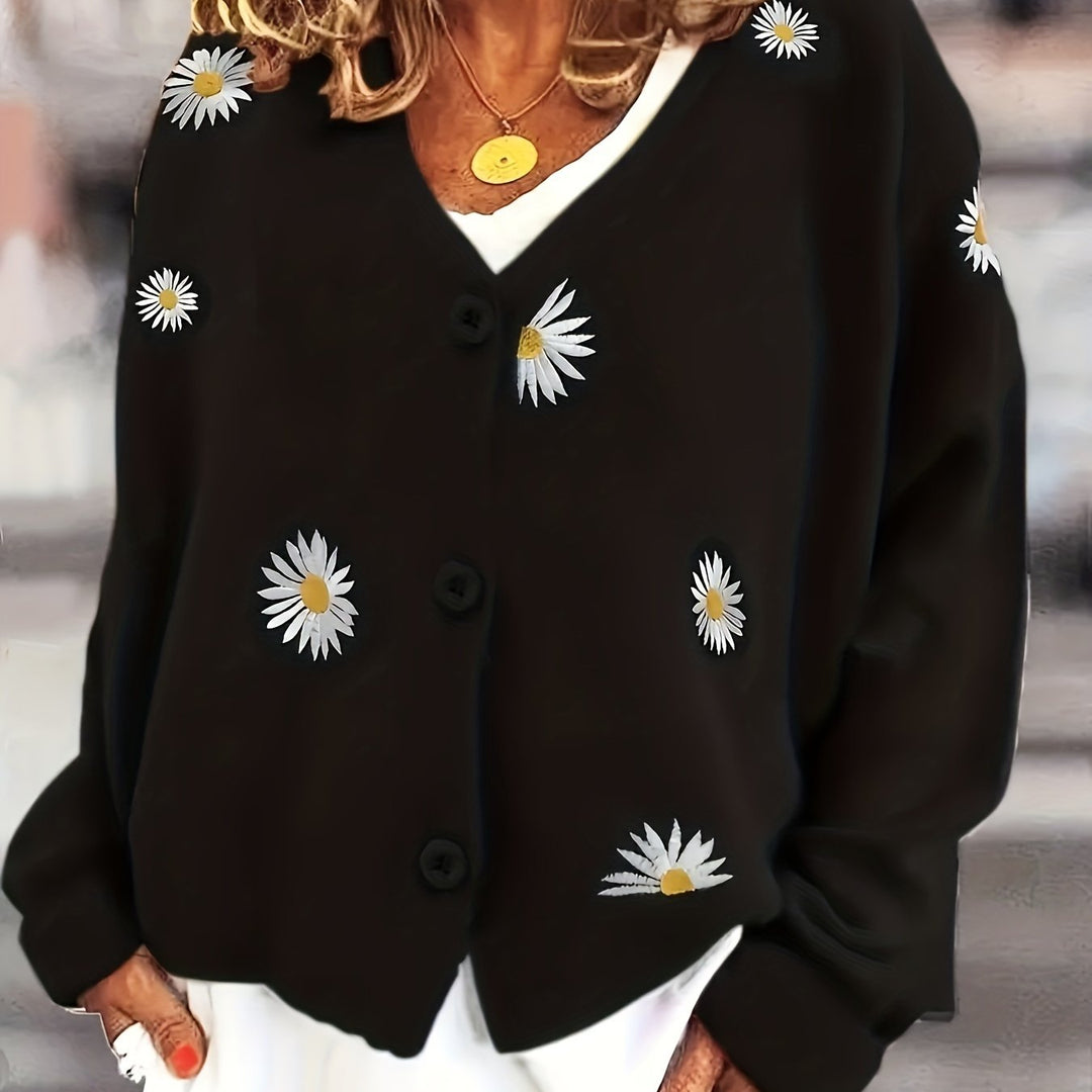 Maribel | Blommig Broderad Knapp-Front Cardigan