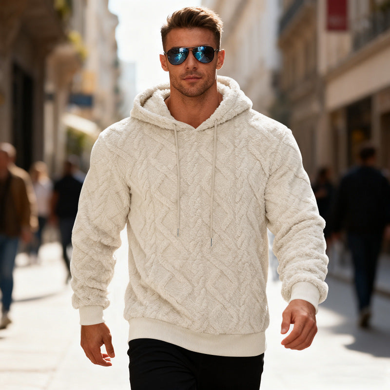 Plyschhoodie herr med fleecefoder, enfärgad och varm