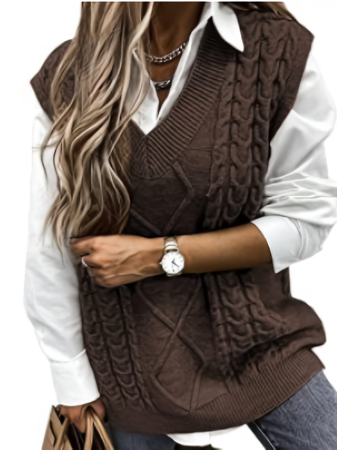 Cora | Mysig Kabelstickad V-Hals Västsweater
