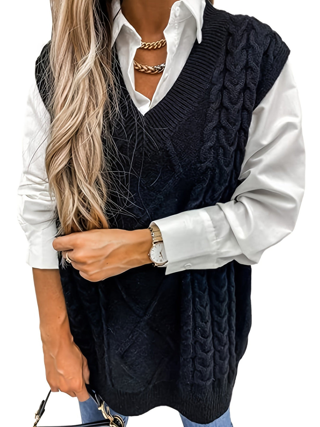 Cora | Mysig Kabelstickad V-Hals Västsweater