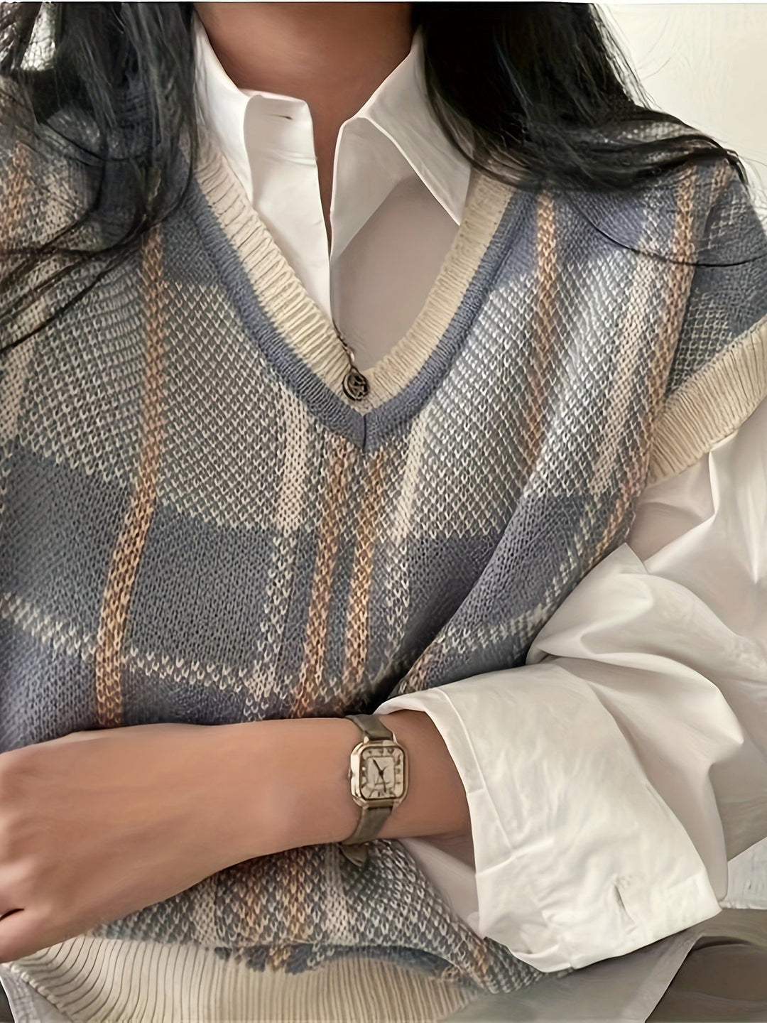 Marnie | Vintage Rutig V-ringad Tröja Väster