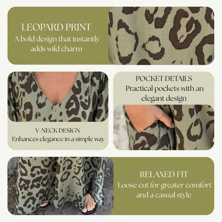 Sharon | Stilig lång V-ringad leopardklänning