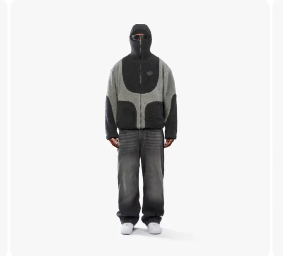 Hoodie herr med dragkedja i lammullslook och sömdetaljer, löst fall