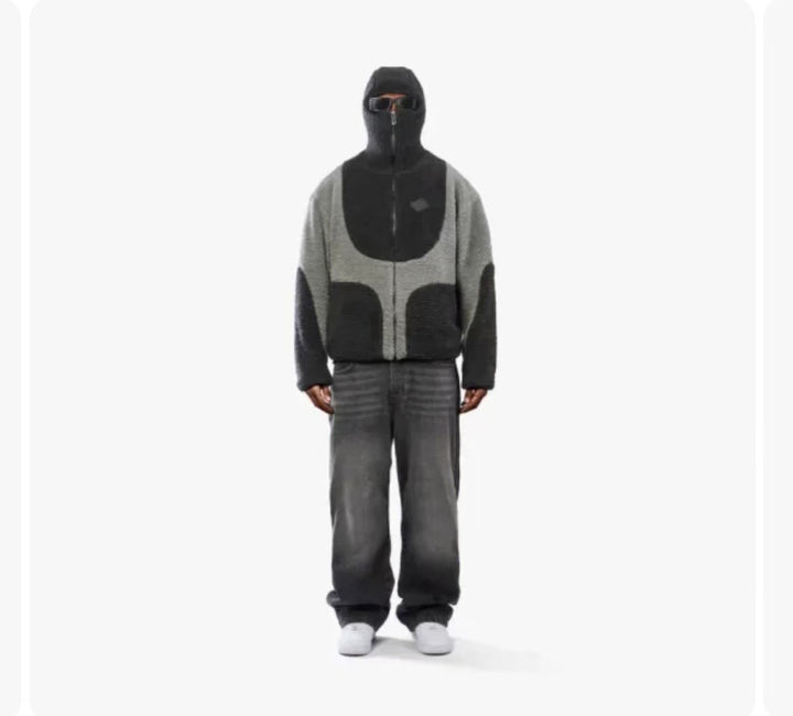 Hoodie herr med dragkedja i lammullslook och sömdetaljer, löst fall
