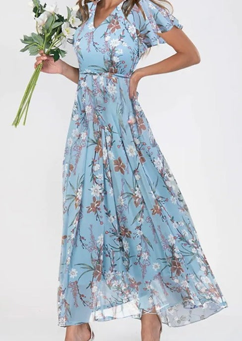 Lilia | Elegant Blommig Klänning med Kort Ärmar