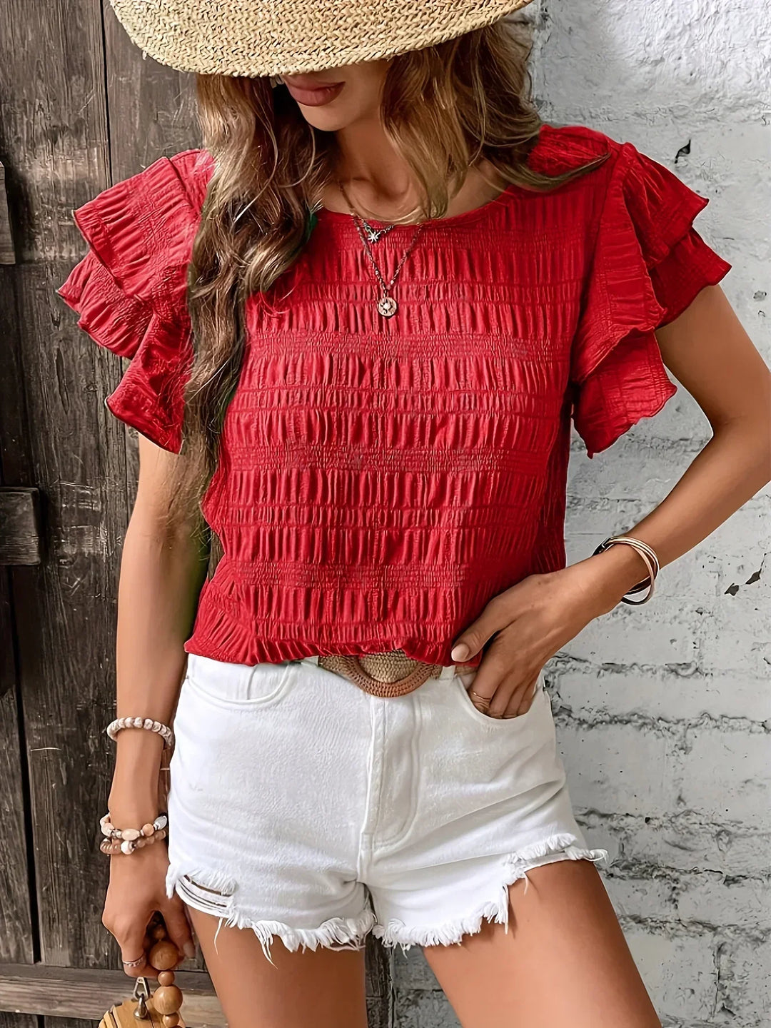 Annabel | Volangärmad Texturerad Blus
