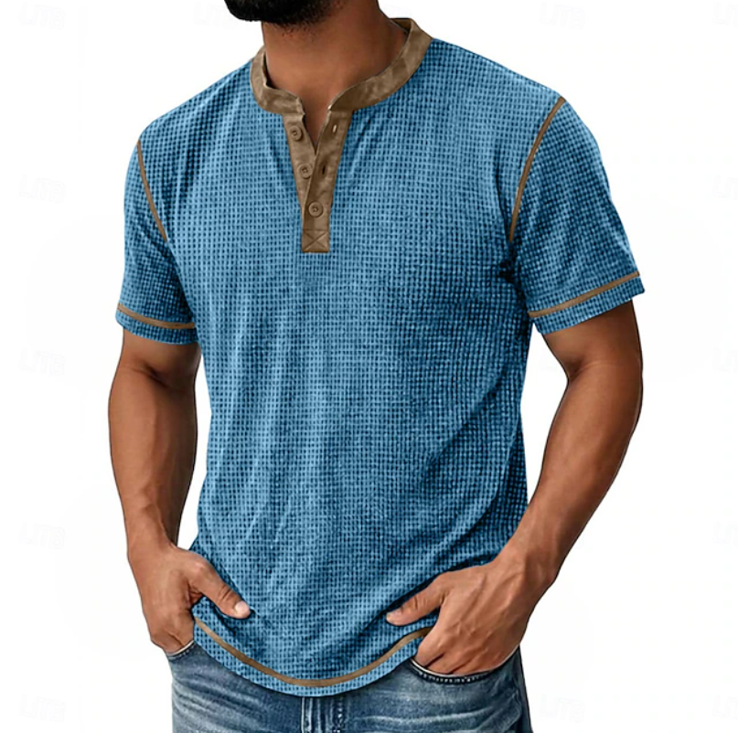 Arion | Texturerad Henley T-shirt med Kort Ärmar