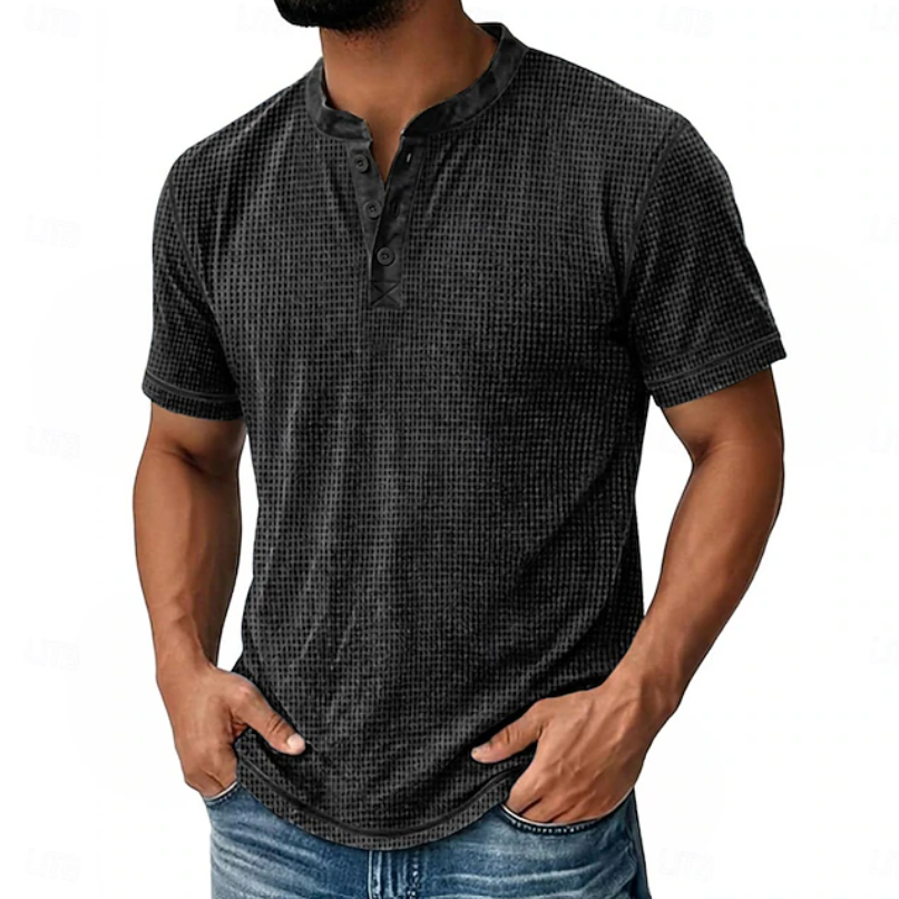 Arion | Texturerad Henley T-shirt med Kort Ärmar