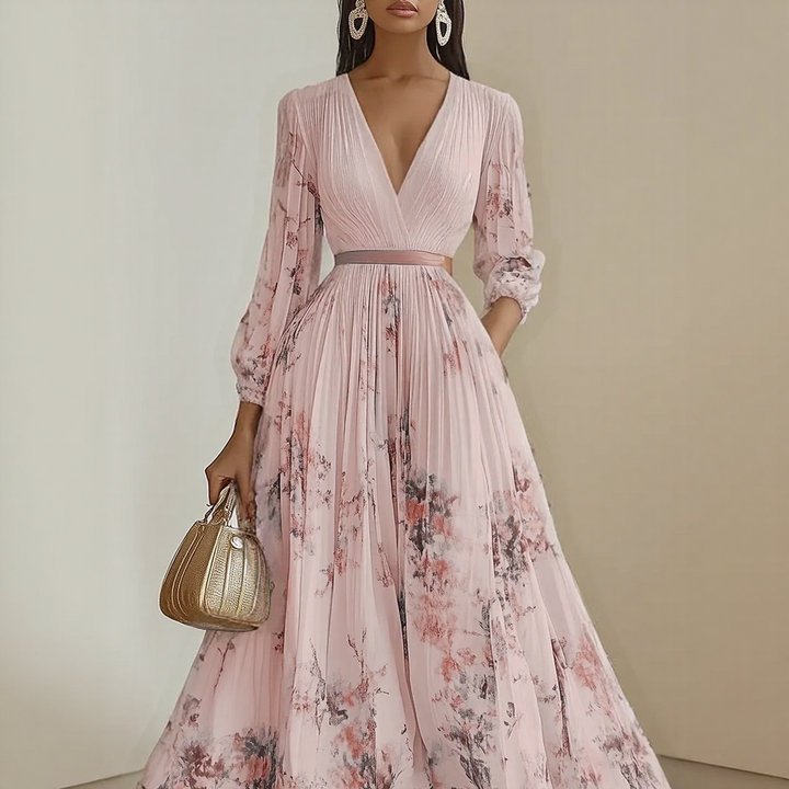 Alexia | Elegant Plisserad Maxi V-klänning
