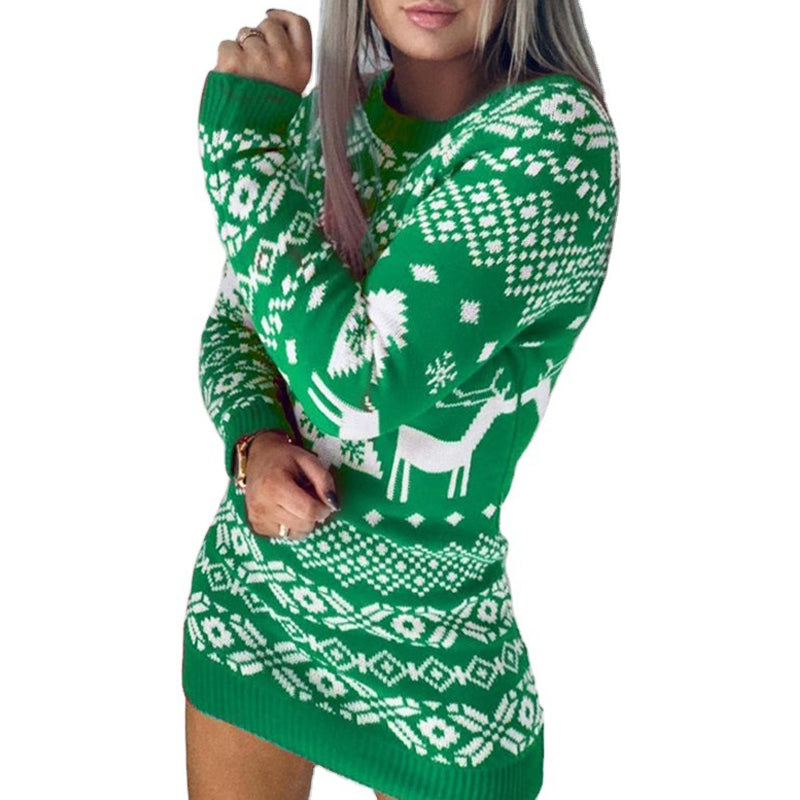 Stickad jultröja dam med älg och snöflingor – mjuk jacquard