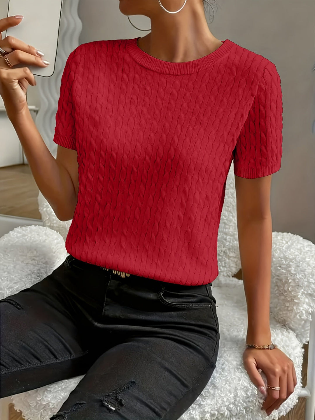 Tabitha | Texturerad Rund Halsringning Kort Ärmad Topp