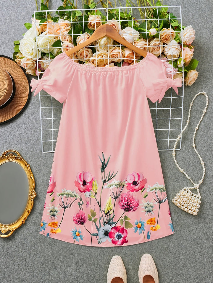 Gemma | Off-Shoulder Blommig Klänning med Slips