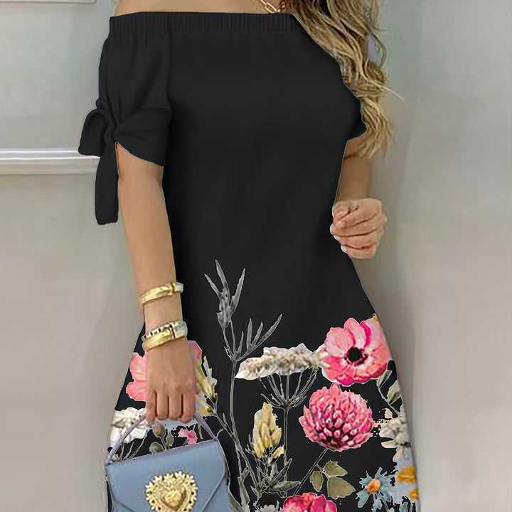 Gemma | Off-Shoulder Blommig Klänning med Slips