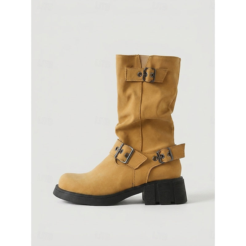 Sylvia | Bikerstövlar med Spänne, Mid-Calf