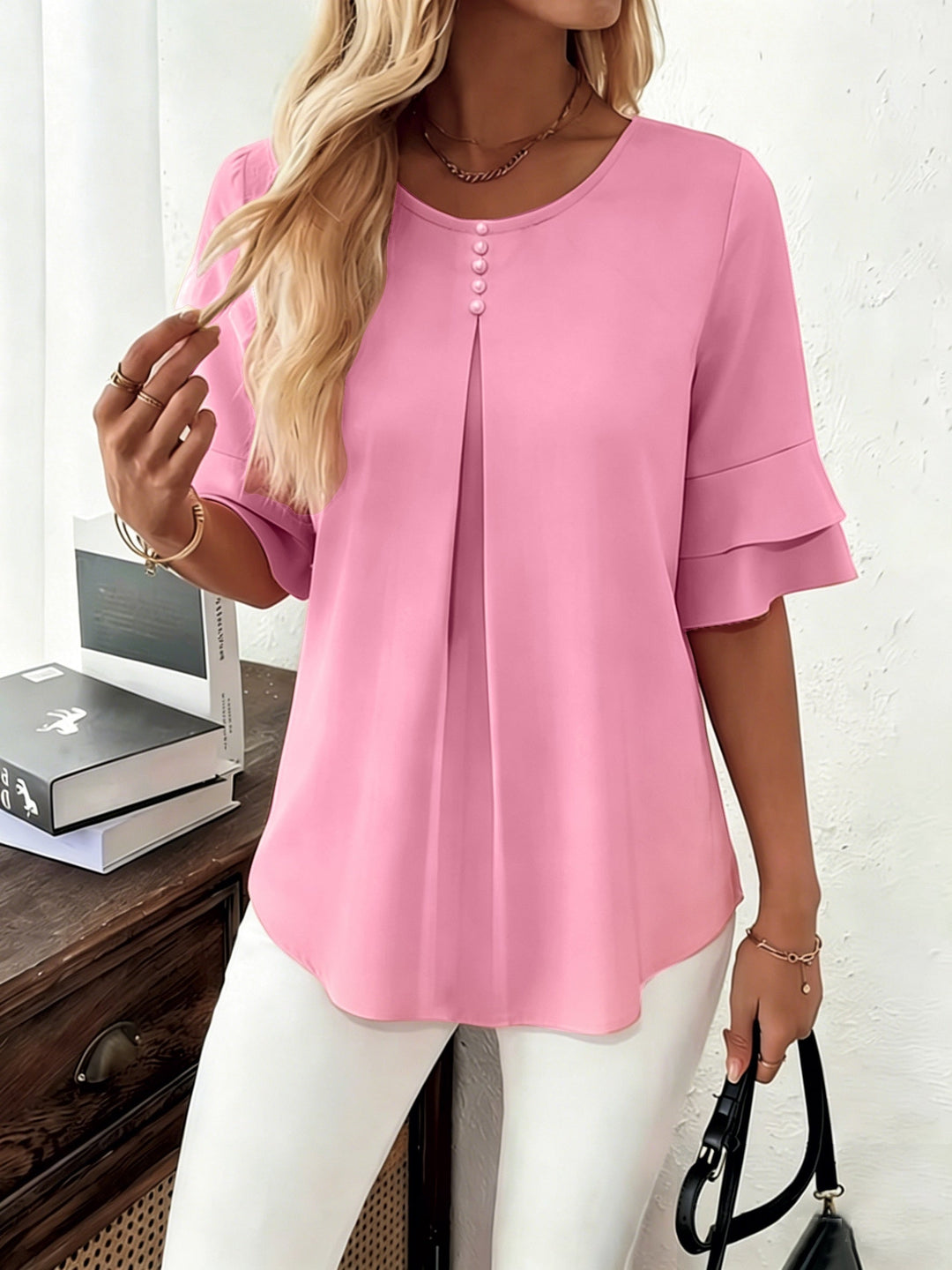 Karen | Blus med Utsvängda Ärmar och Plissering