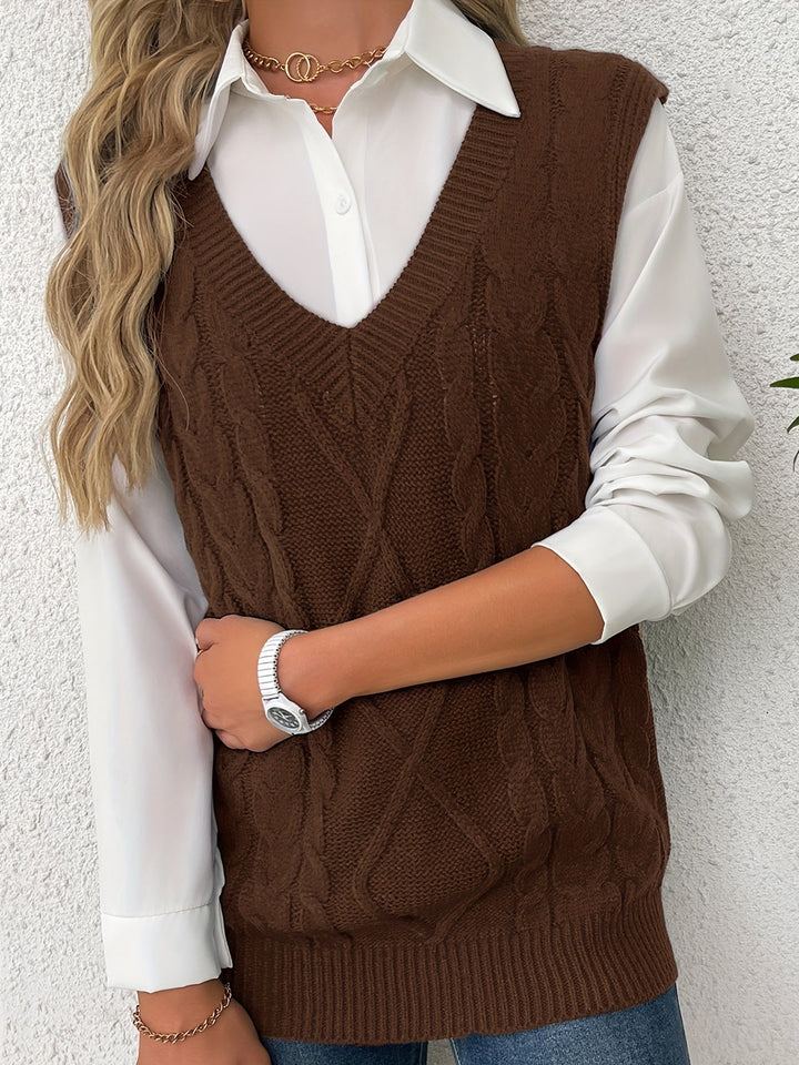 Cora | Mysig Kabelstickad V-Hals Västsweater