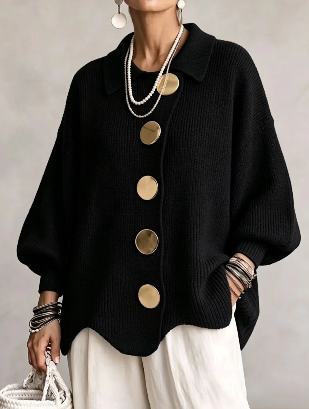 Stickad kofta dam med krage och knappar – lös modell, 12 färger