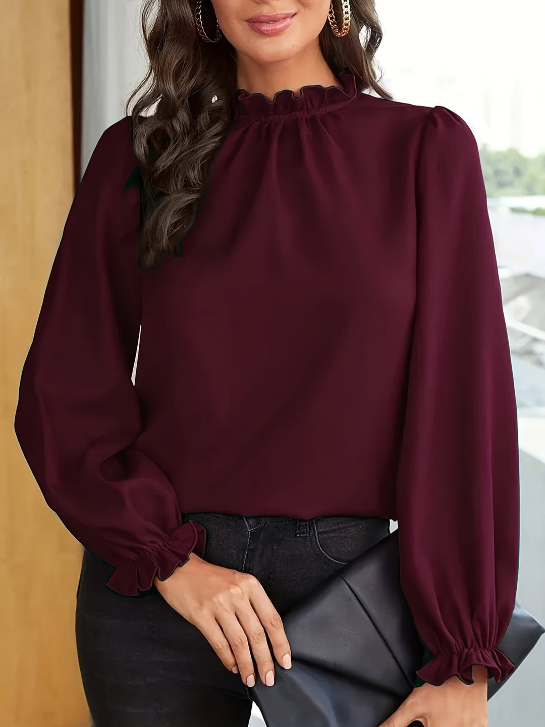 Tamsin | Rynkad Hög-Hals Puffärm Blus