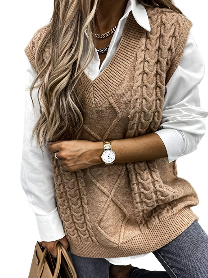 Cora | Mysig Kabelstickad V-Hals Västsweater