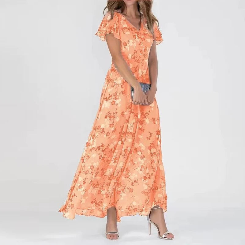 Lilia | Elegant Blommig Klänning med Kort Ärmar