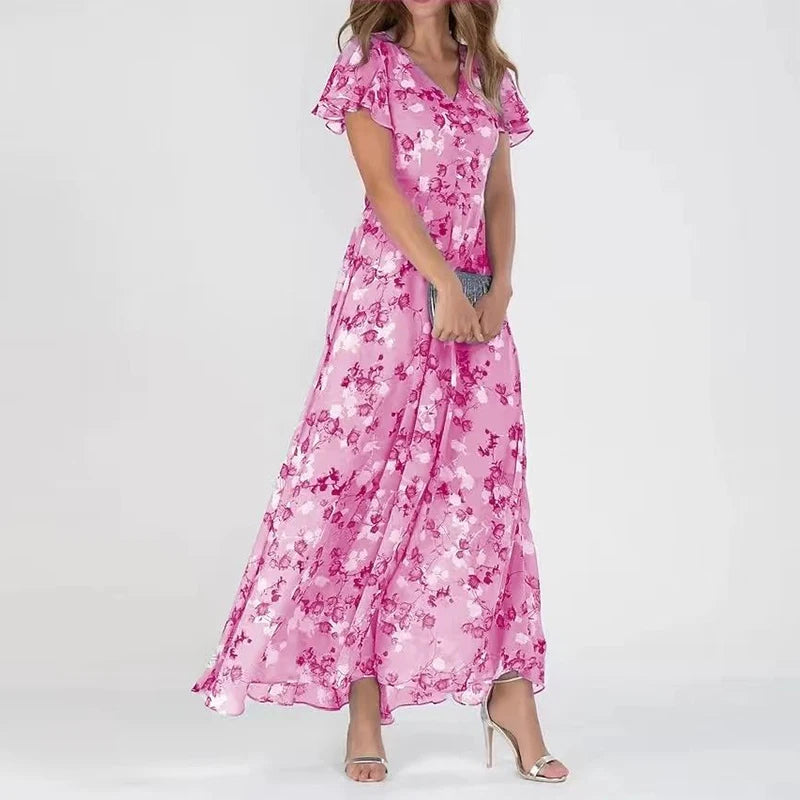 Lilia | Elegant Blommig Klänning med Kort Ärmar