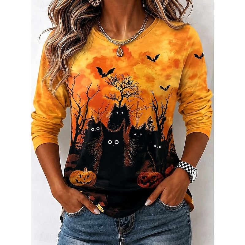 Höst | Halloween Häxa Grafisk Topp med Långa Ärmar