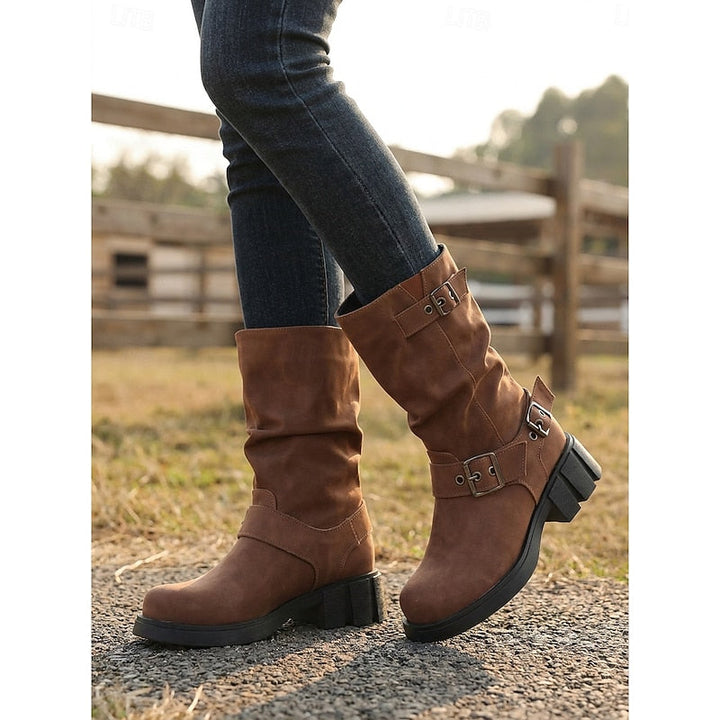 Sylvia | Bikerstövlar med Spänne, Mid-Calf