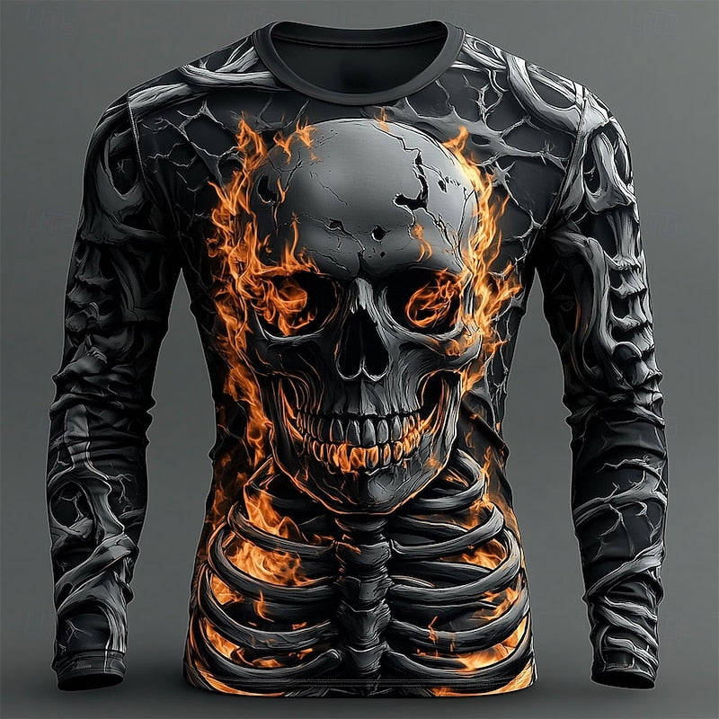 Jasper | Flammig Skelett Halloween T-shirt med Lång Ärmar
