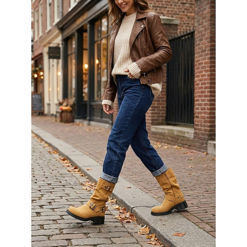 Sylvia | Bikerstövlar med Spänne, Mid-Calf