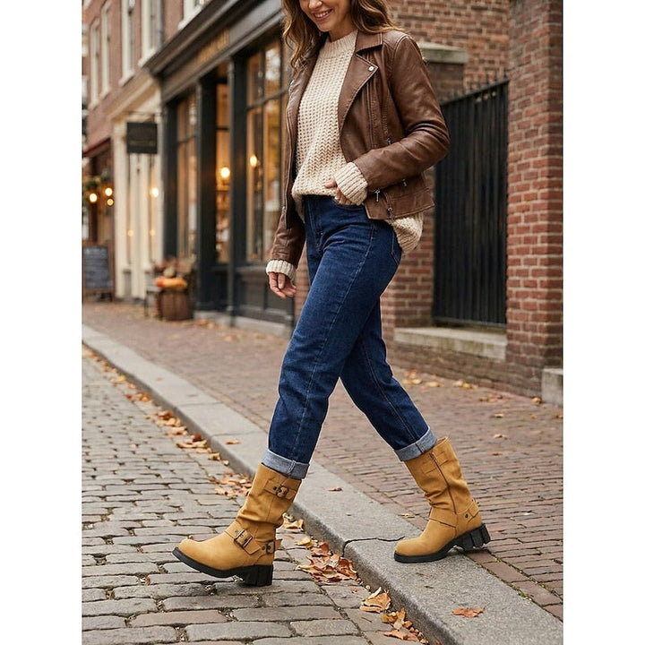 Sylvia | Bikerstövlar med Spänne, Mid-Calf